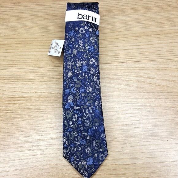 BAR III Mens Neck Tie Blue Floral Patterned Slim Pointed Woven Textured - Picture 1 of 5